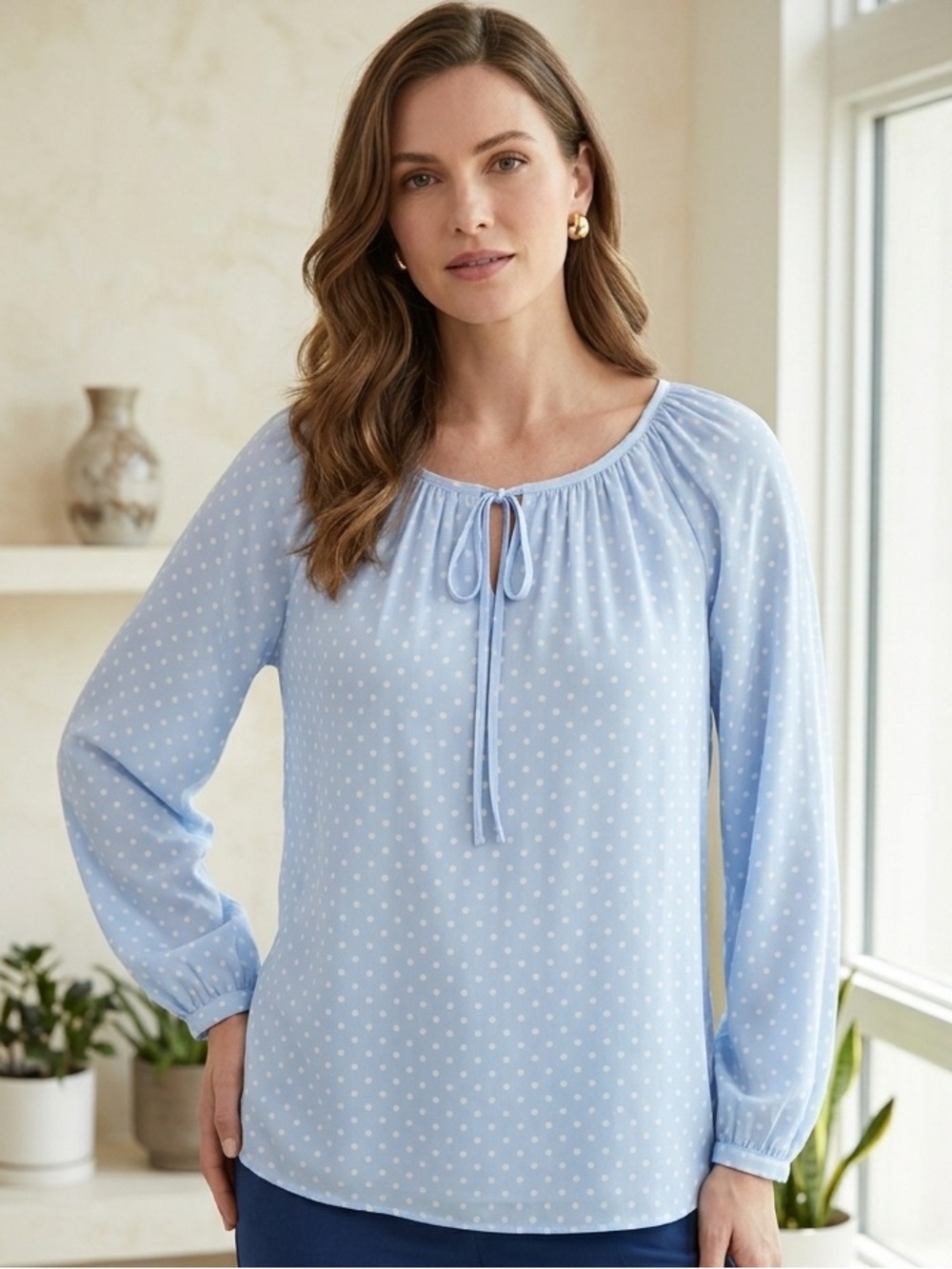 Talbots Light Blue Polka Dot Peasant Top